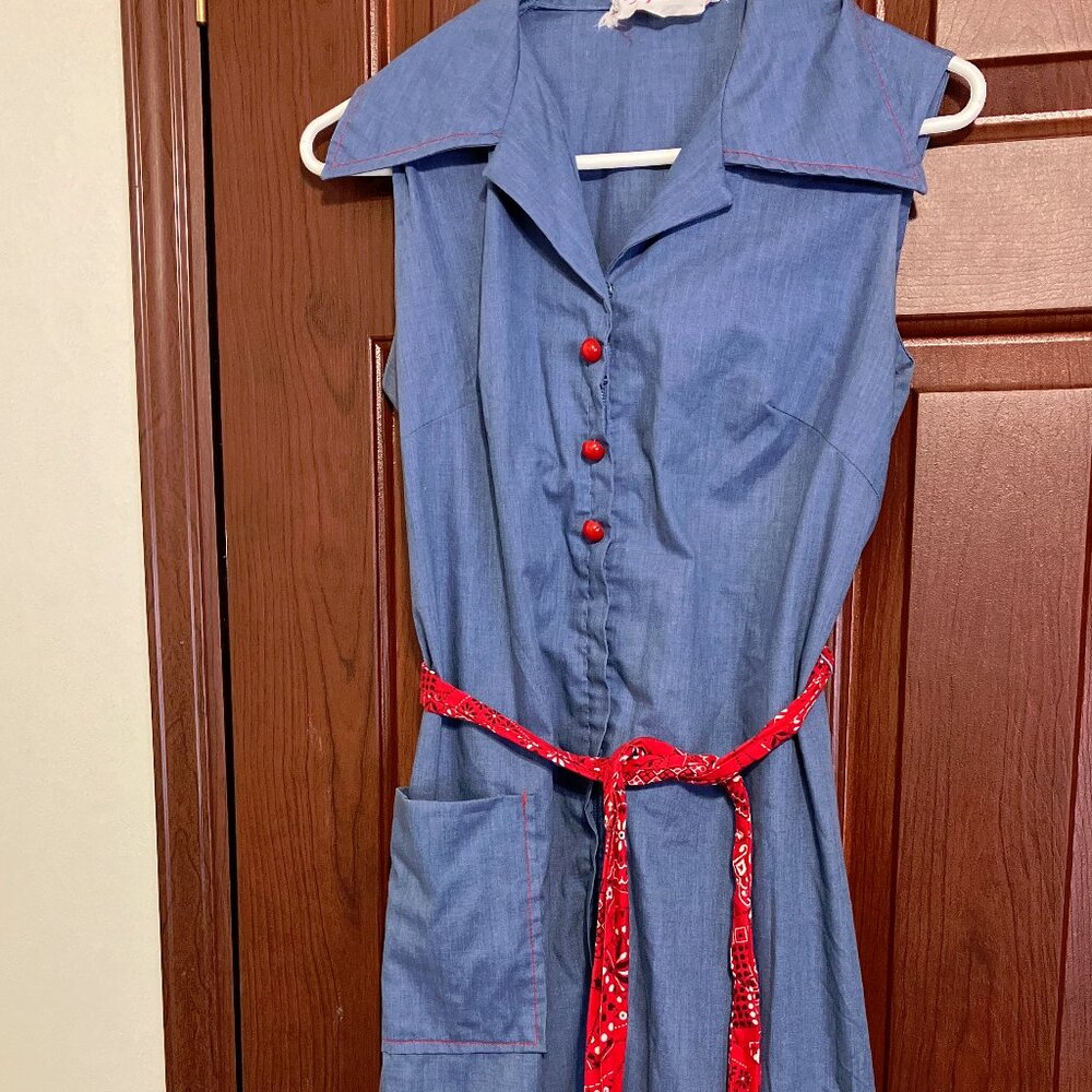 Vintage dress country western cow girl look zipper front tie belt large pocket